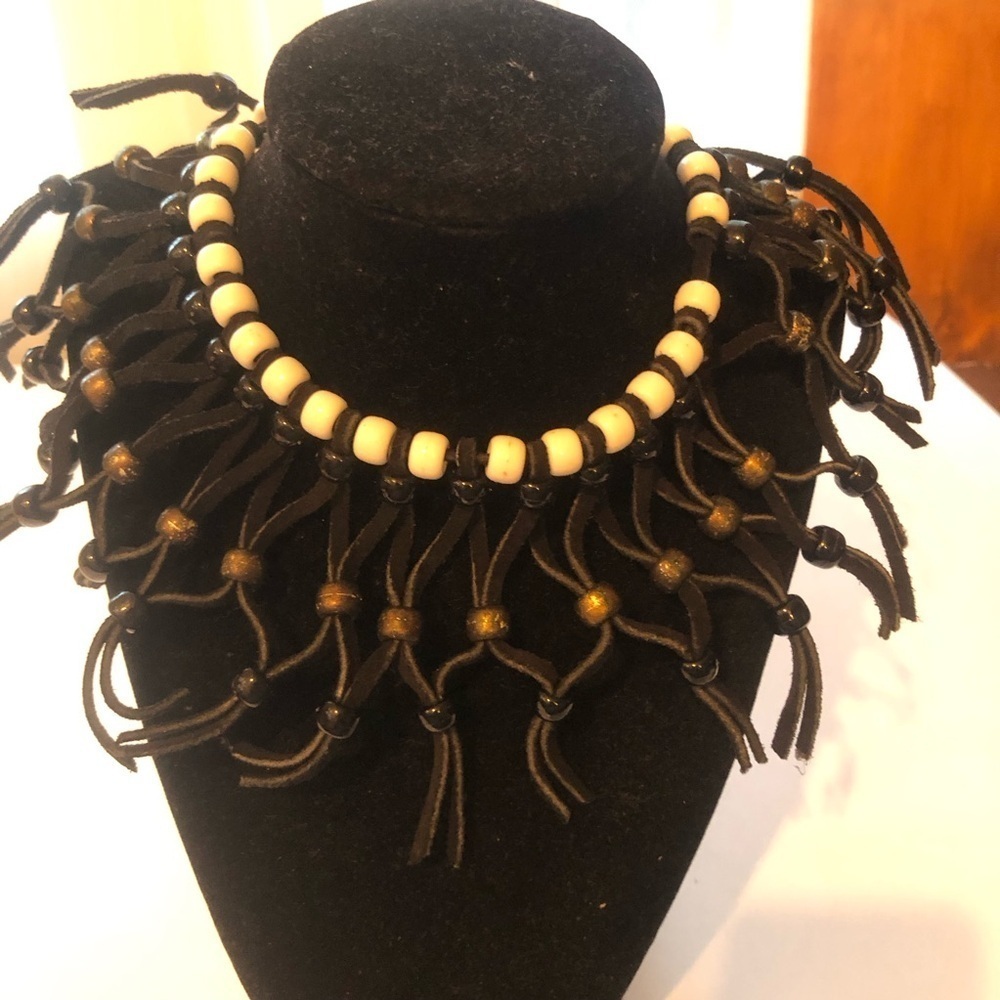 Bohemian style Black and Cream Tassel Necklace- leather and beads make this up